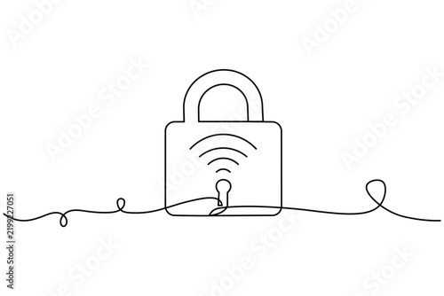 Padlock line art featuring a rounded lock, shackle, keyhole, wireless signal waves, and a flowing continuous line on a white background in a clean minimalist vector style.