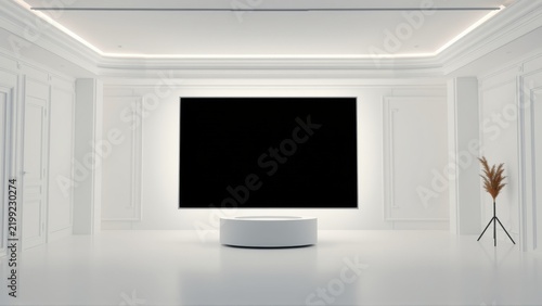 Minimalist room features large black screen on white pedestal. Walls boast classic paneling, subtle lighting creates clean aesthetic.