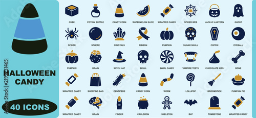 Collection of forty halloween candy and spooky themed in blue and gold color palette pumpkin