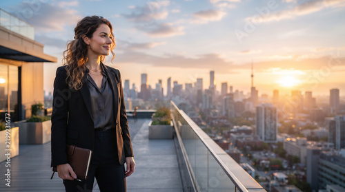 Successful businesswoman standing on a rooftop terrace overlooking the modern city skyline during sunset