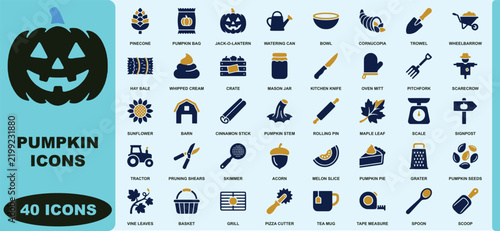 Forty pumpkin and autumn harvest themed in a flat blue and gold style fall halloween