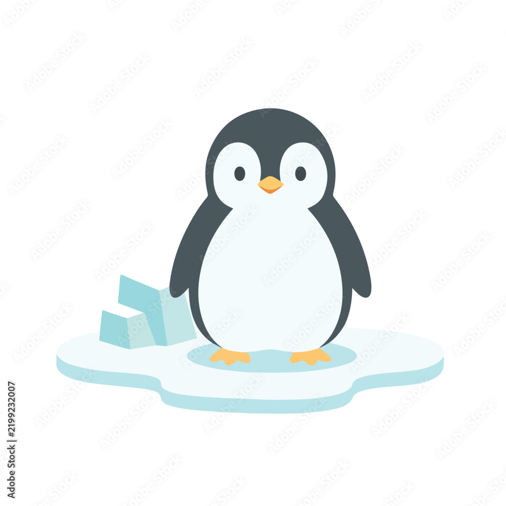 Obraz premium A cute cartoon penguin standing on a small ice floe with ice blocks, rendered in a minimalist vector style.