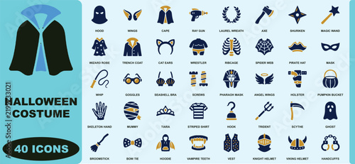 Set of forty halloween costume themed featuring masks, robes and accessories cape
