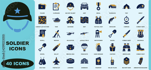 Set of forty military soldier featuring tactical gear, and equipment in blue tones army