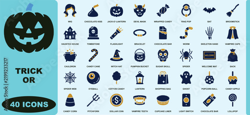 Trick or treat halloween set featuring spooky costumes, and festive party supplies pumpkin
