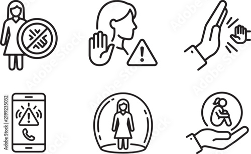 Stop violence against women and female protection outline icon set