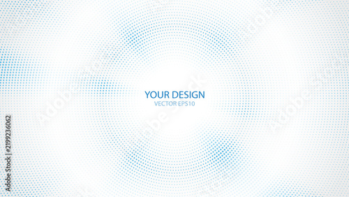 White background with circle blue halftone dots effect and space for text, vector illustration, flat design, minimalist, simple lines. Digital banner design, web presentation, flyer print.