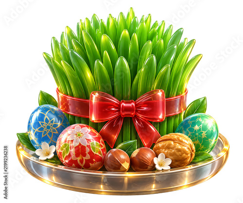 Decorative Easter centerpiece with green grass, colorful patterned eggs, ribbon bow, and nuts arranged on a reflective silver tray