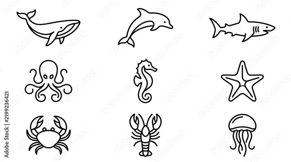 Fototapeta premium Professional Black and White Line Drawing Set of Nine Marine Sea Creatures Icons Whale Dolphin Shark Octopus Seahorse Starfish Crab Lobster Jellyfish