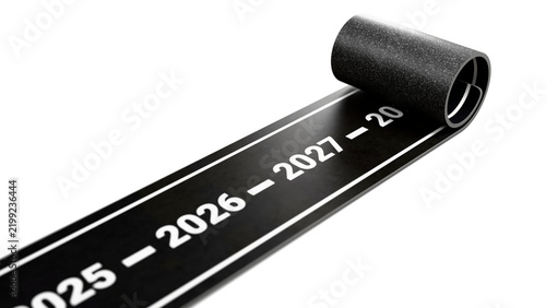 Conceptual 3D timeline featuring a rolled road unrolling from 2026 toward 2027, symbolizing the new year, future planning, transition, progress, and upcoming goals. 