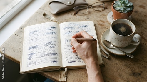 Overhead view of hand journaling with fountain pen beside coffee and succulent plant on wooden desk