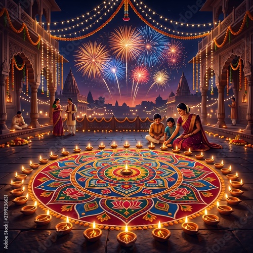 Family celebrating Diwali festival with traditional rangoli design and fireworks in ornate temple setting