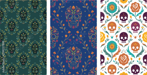 Day of the Dead Sugar Skull Floral Seamless Pattern Vector Set