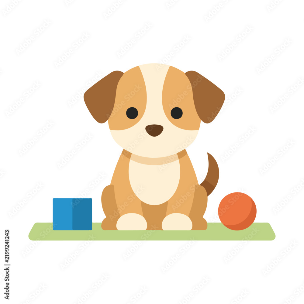 Fototapeta premium A cute brown puppy sits on a green mat next to a blue block and an orange ball in a flat vector illustration style.