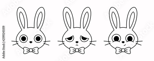 Vector Rabbit Emoji Outline Icons Set with Bow Tie – Happy, Sad and Neutral Expressions. Vector rabbit emoji outline editable icons