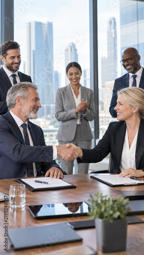 Diverse business team shaking hands in a corporate boardroom success and partnership concept. Professional executive meeting with agreement negotiation closing deal teamwork and leadership