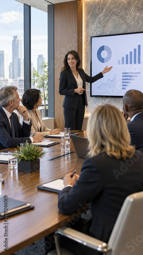 Business woman presenting financial data on screen to diverse colleagues in a boardroom professional meeting corporate strategy team collaboration data analysis marketing presentation leadership