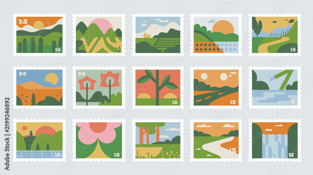 Fototapeta premium Vector set of retro minimalist postage stamps with abstract nature landscapes