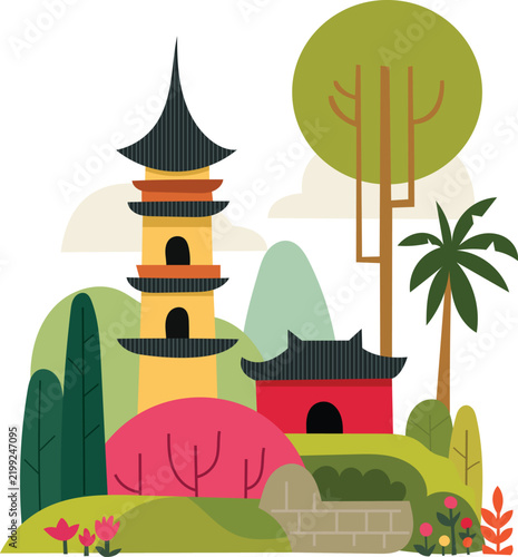 Asian Pagoda and Temple Landscape Vector Illustration
