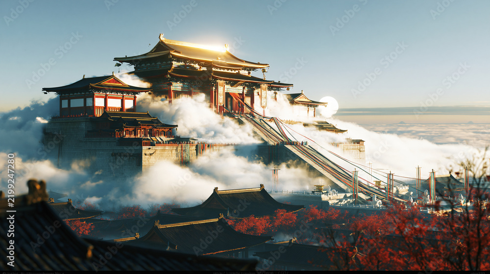 Obraz premium Magnificent oriental temple complex surrounded by floating clouds and sunset golden hour light