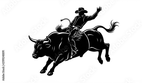 Cowboy Riding Bucking Bull Rodeo Competition Black Silhouette Vector