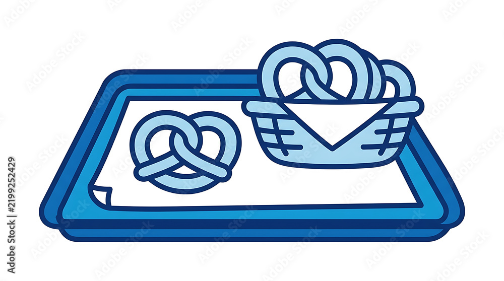 Fototapeta premium Blue line art icon of a bakery tray with pretzels in a basket
