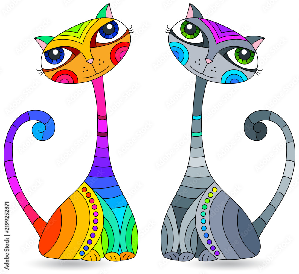 Fototapeta premium Set of stained glass elements with rainbow cats , isolated images on white background