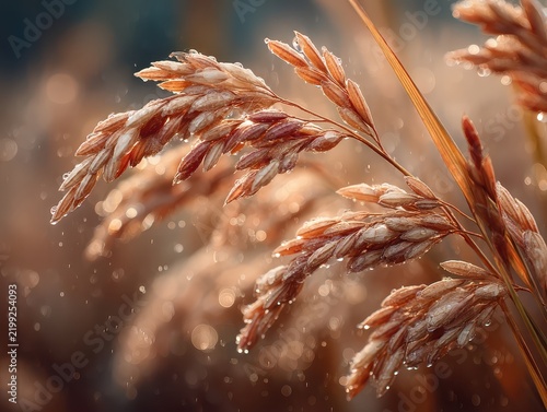 Close-up of dried wild grass seed heads with backlit sunlight and falling dust particles in warm tones