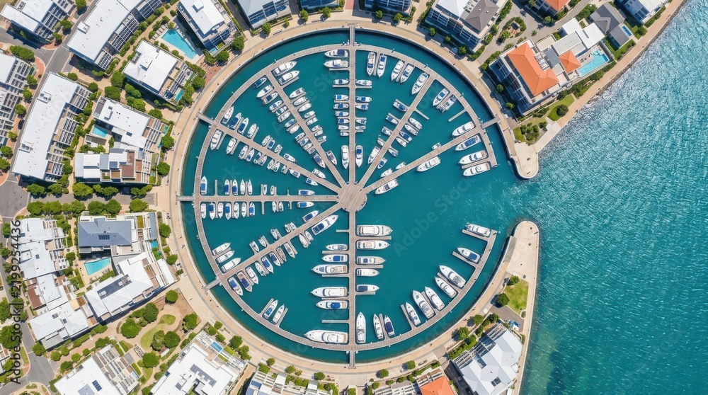 Obraz premium Circular Marina Basin Filled With Numerous Boats and Yachts Seen From Above, Surrounded by Coastal Architecture and Waterways