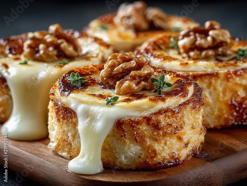 Delicious creamy cheesy baked cheese appetizers with walnuts and fresh herbs served on wooden board