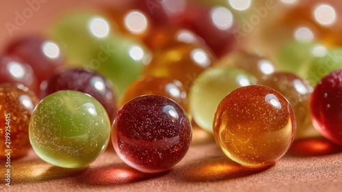 Colorful Jelly Beans Close-up with Bright Reflections Showing Variety of Smooth Glossy Surfaces and Rich Vibrant Colors