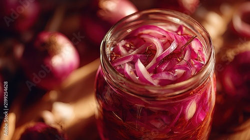 Close-up of a glass jar filled with pickled red onions surrounded by whole onions in a rustic setting