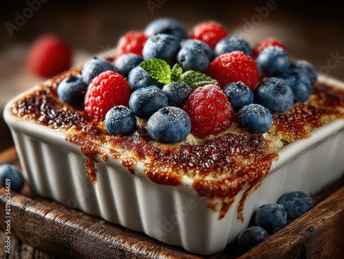 Fresh mixed berries including blueberries and raspberries on creamy dessert with caramelized sugar crust in a white ramekin