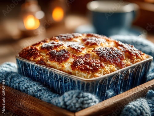 Delicious homemade baked cheese and potato casserole in a blue glass baking dish served on rustic wooden table