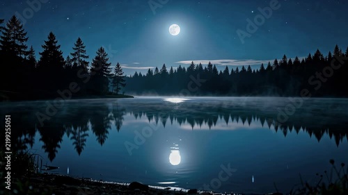 Tranquil moonlit night over a misty lake with serene reflections and peaceful nature ambiance