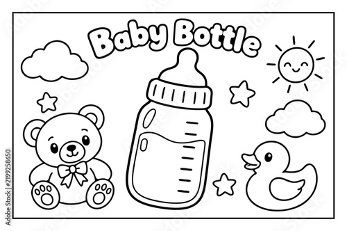 Принти на полотні Baby bottle coloring page featuring cute teddy bear duck and sun icons for young