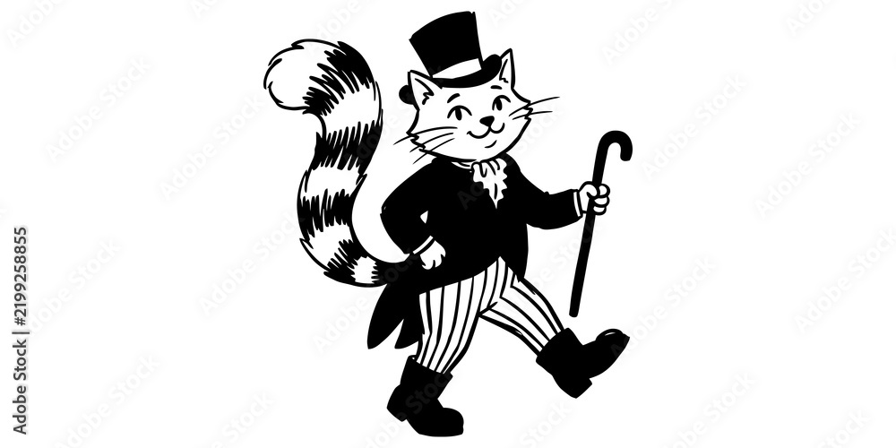 Obraz premium A dapper cat walking with a top hat, tailcoat, and cane, exuding sophisticated charm in monochrome.