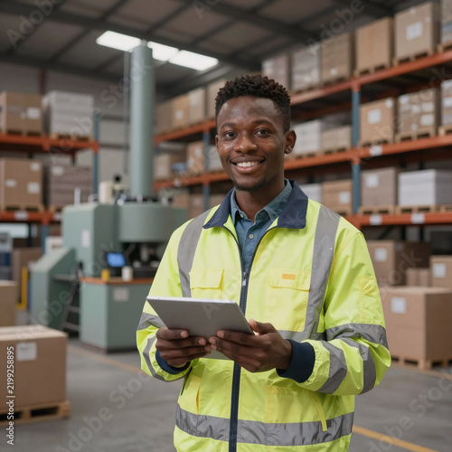 Stop-Motion Factory Distribution Warehouse. Low Angle View Of Young African Man In Reflective Jacket, Holding Digital Tablet & Smiling In A Factory Warehouse