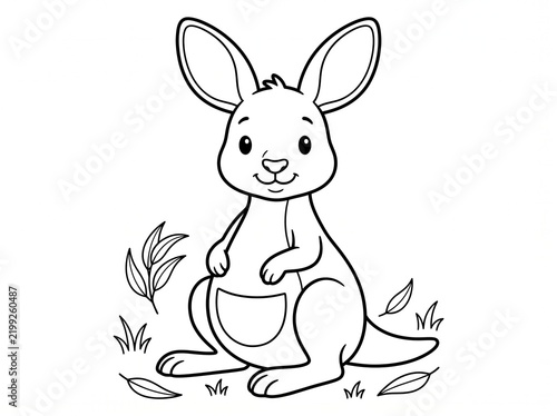 Cute cartoon kangaroo sitting in grass coloring page for kids creative activity.