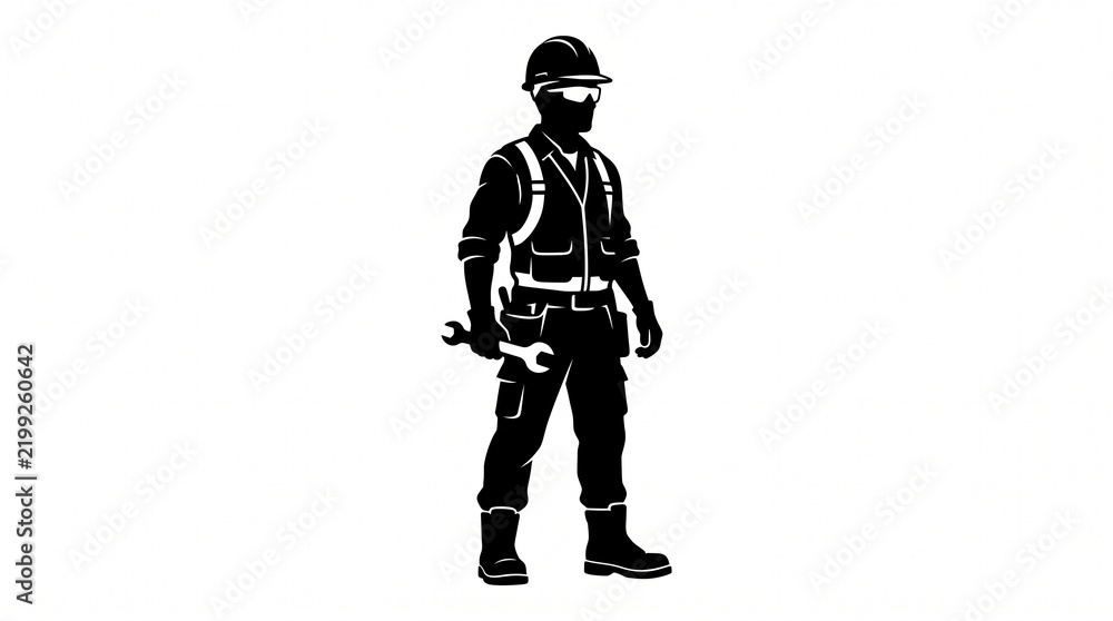 Obraz premium Industrial Worker Silhouette: A stoic silhouette of an industrial worker, clad in safety gear and holding a wrench, stands ready for the challenges of the job.