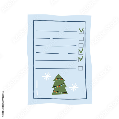Shopping list paper sheet with christmas tree decoration for holiday wishlist and planning