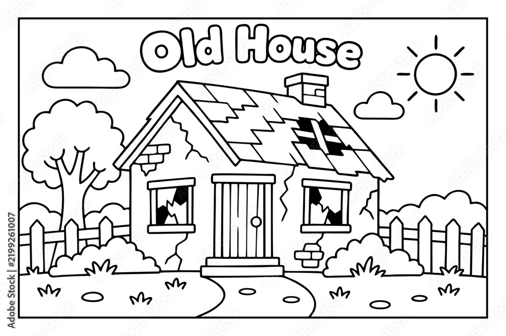 Fototapeta premium Old house coloring page for children featuring broken windows and damaged roof in outdoor yard