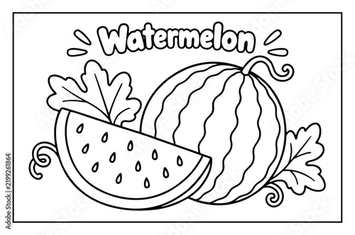 Watermelon coloring page illustration featuring fresh fruit slice with leaves and text for children activities