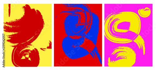 Abstract digital art composition featuring three vertical panels with vibrant contrasting colors and expressive brushstroke textures creating a bold modern graphic design visual style