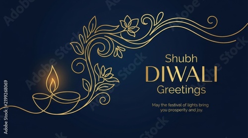Shubh Diwali greetings banner with golden line art diya and floral ornament