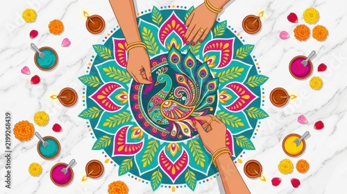 Top view of people hands crafting a colorful peacock rangoli with diyas and flowers
