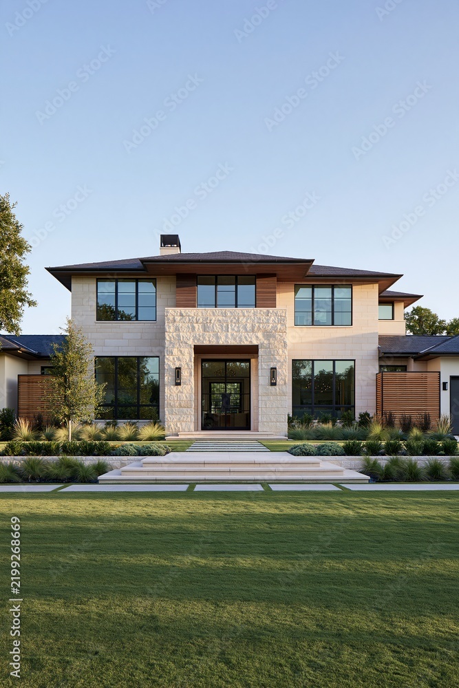 Fototapeta premium Modern luxury house facade exterior view with stone wall and green lawn