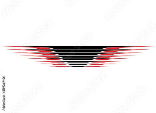 A vector symmetrical red-and-black sports pattern featuring sharp lines. A racing design element for car bodies, boats, sportswear, or toys. A vector background for covers, advertising, labels, packag