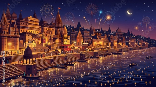 Vibrant Indian temple city illuminated with lights and fireworks during grand Diwali festival
