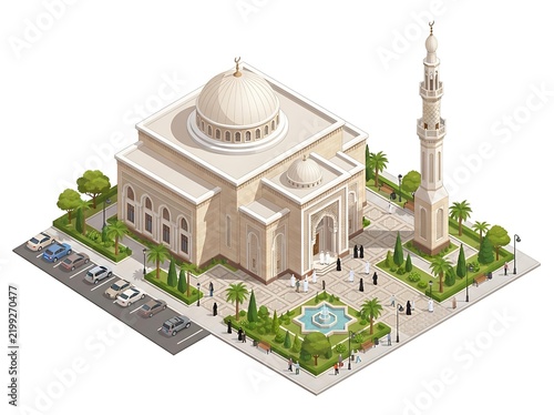 Isometric Modern Mosque Exterior with Dome Minaret and Worshippers – Religious Building